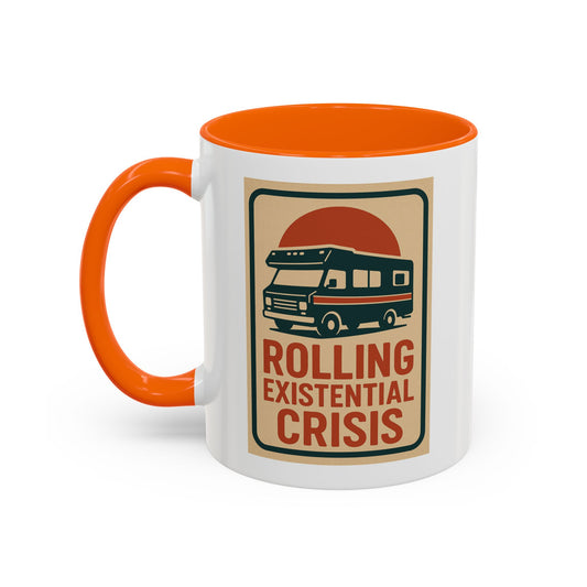 Rolling Existential Crisis RV Mug – Retro Camper Life Humor for Nomads, Vanlifers, and Burnt-Out Travelers