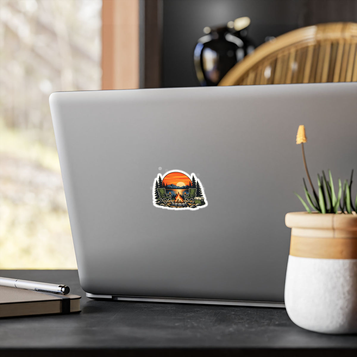 Campfire Sunset Badge vinyl sticker shown in use