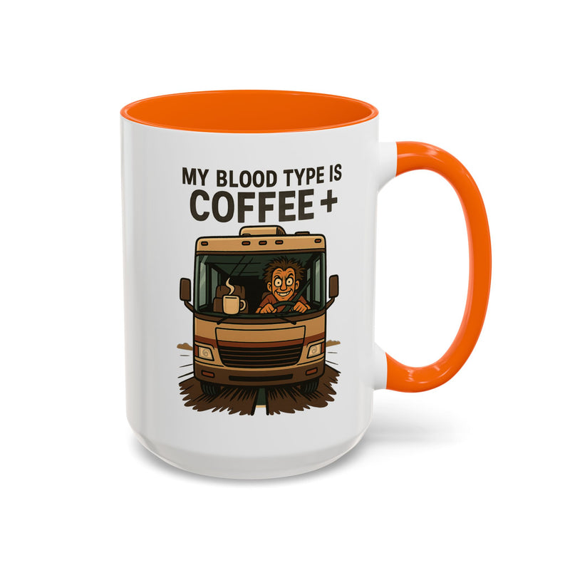 My Blood Type Is Coffee+ ceramic RV mug with a wired driver behind the wheel holding an oversized travel mug