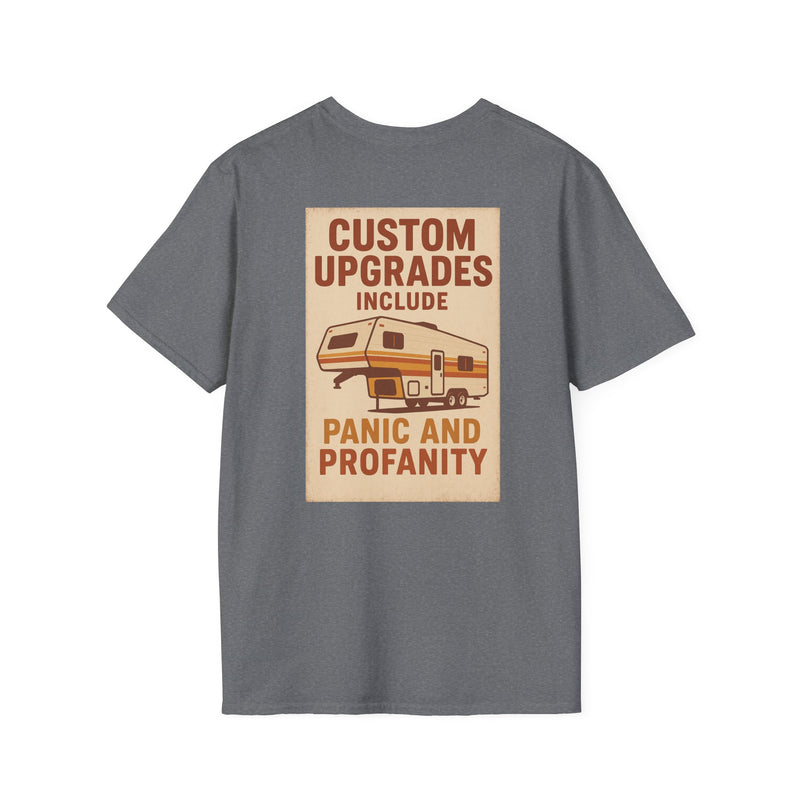 Custom Upgrades Include Panic and Profanity RV t-shirt with a fifth wheel and a retro RV park sign logo