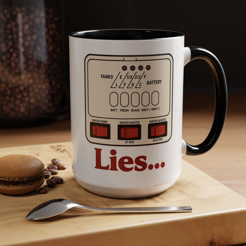 RV Control Panel Lies ceramic RV mug with a monitor panel showing tank and battery levels and the word Lies in red