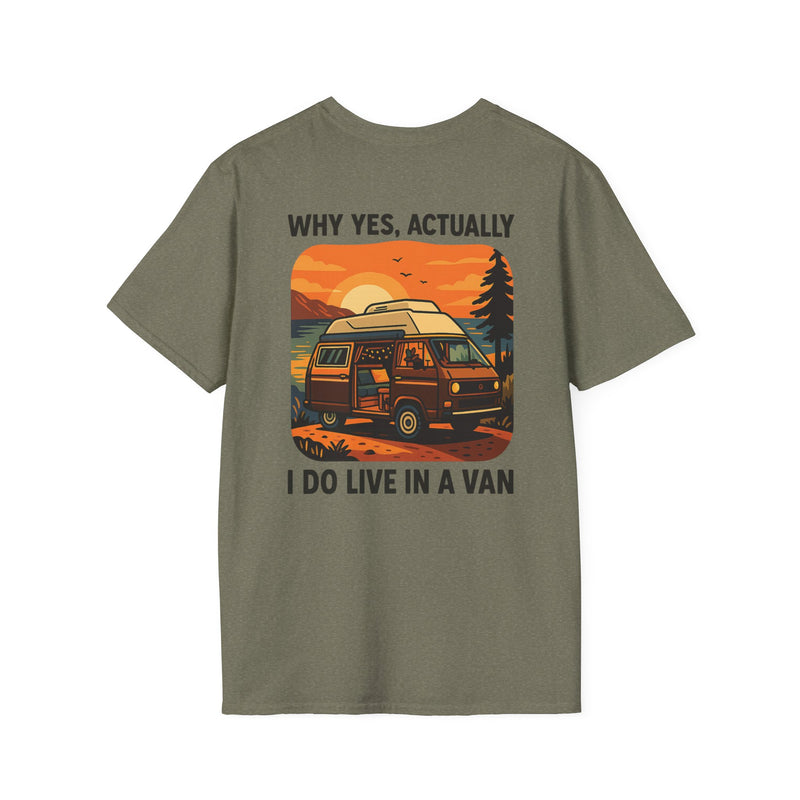 Why Yes Actually I Do Live in a Van VW Westfalia RV t-shirt with a pop top van parked lakeside at golden hour