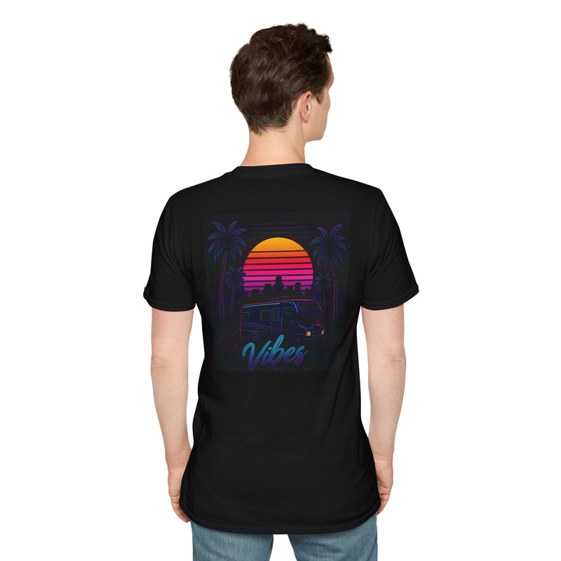 Vibes Class C RV t-shirt with a synthwave Class C motorhome gliding toward a glowing skyline between neon palm trees