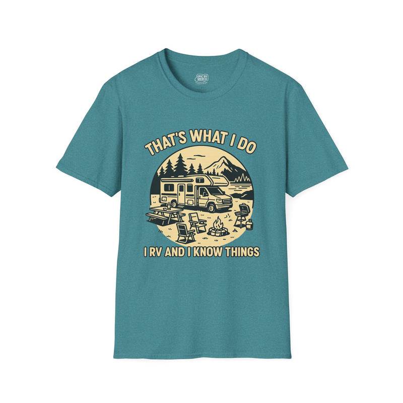 That's What I Do I RV and I Know Things RV t-shirt with a Class C parked lakeside below mountains