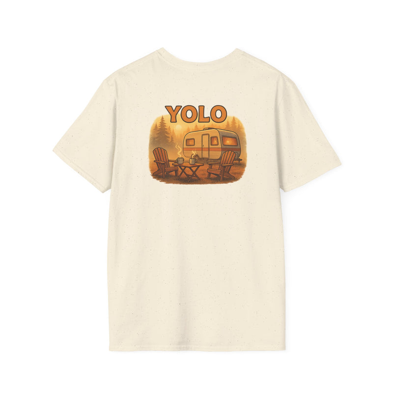 YOLO You Only Lounge Once RV t-shirt with two Adirondack chairs and a travel trailer in the morning light