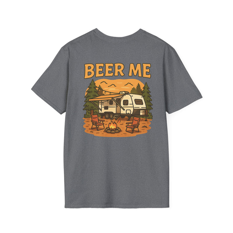 Beer Me RV t-shirt with a campfire scene, camp chairs set out and a lit up trailer behind them