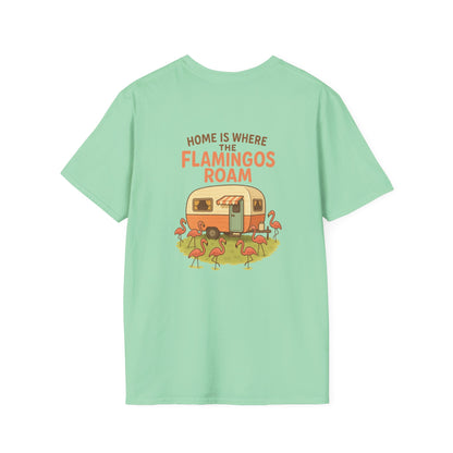 Home Is Where the Flamingos Roam – Retro RV Camping T-Shirt
