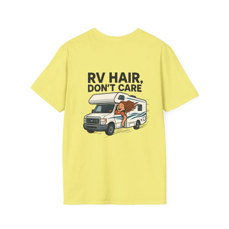 RV Hair Don't Care RV t-shirt with a woman driving her RV and her hair blowing wild