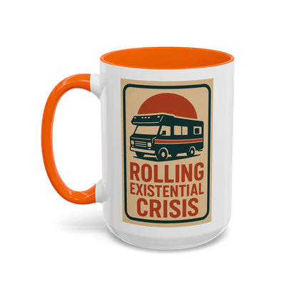 Rolling Existential Crisis RV Mug – Retro Camper Life Humor for Nomads, Vanlifers, and Burnt-Out Travelers