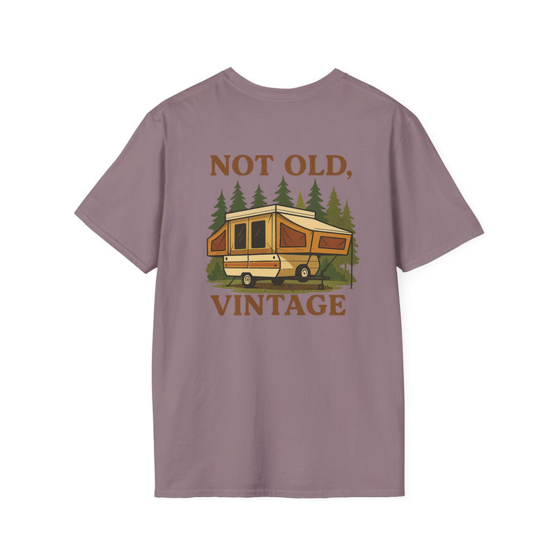 Not Old, Vintage RV t-shirt with a vintage pop up camper parked among pine trees