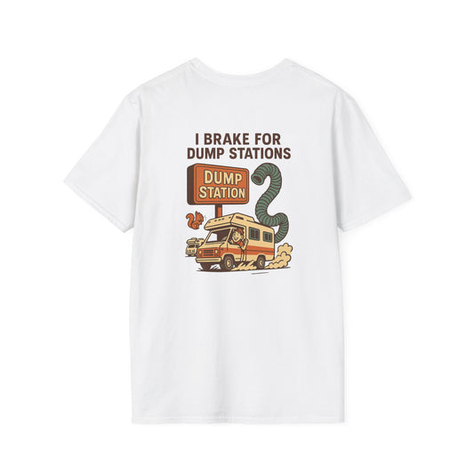 I Brake for Dump Stations – Funny Retro RV T-Shirt with Pocket Logo