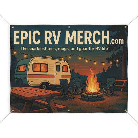 Epic RV Merch Campfire Scene Banner – 48x36 Horizontal