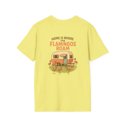 Home Is Where the Flamingos Roam – Retro RV Camping T-Shirt