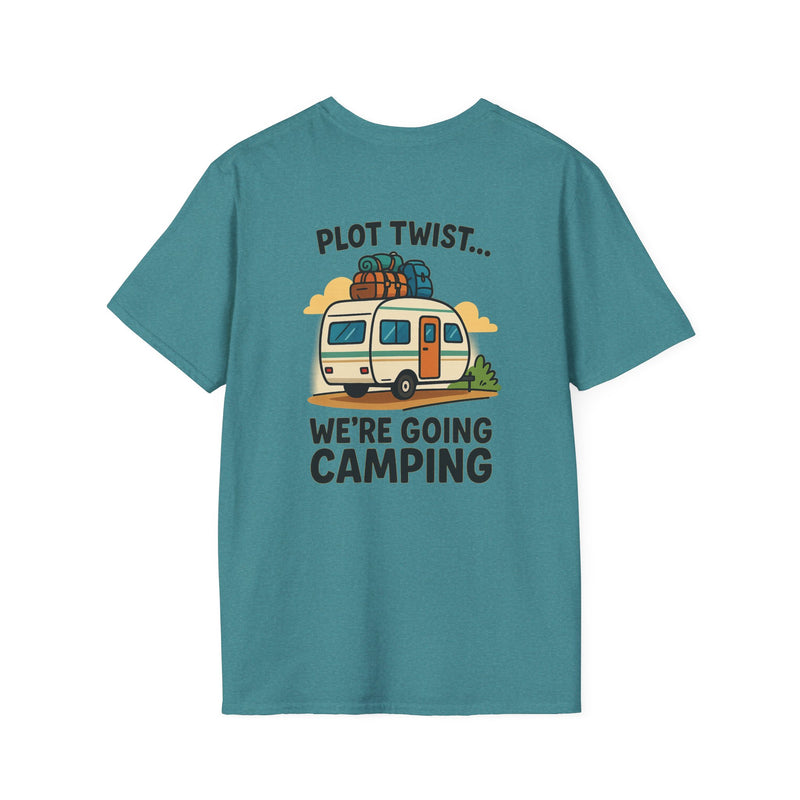 Plot Twist We're Going Camping RV t-shirt with a vintage camper loaded up and ready to roll