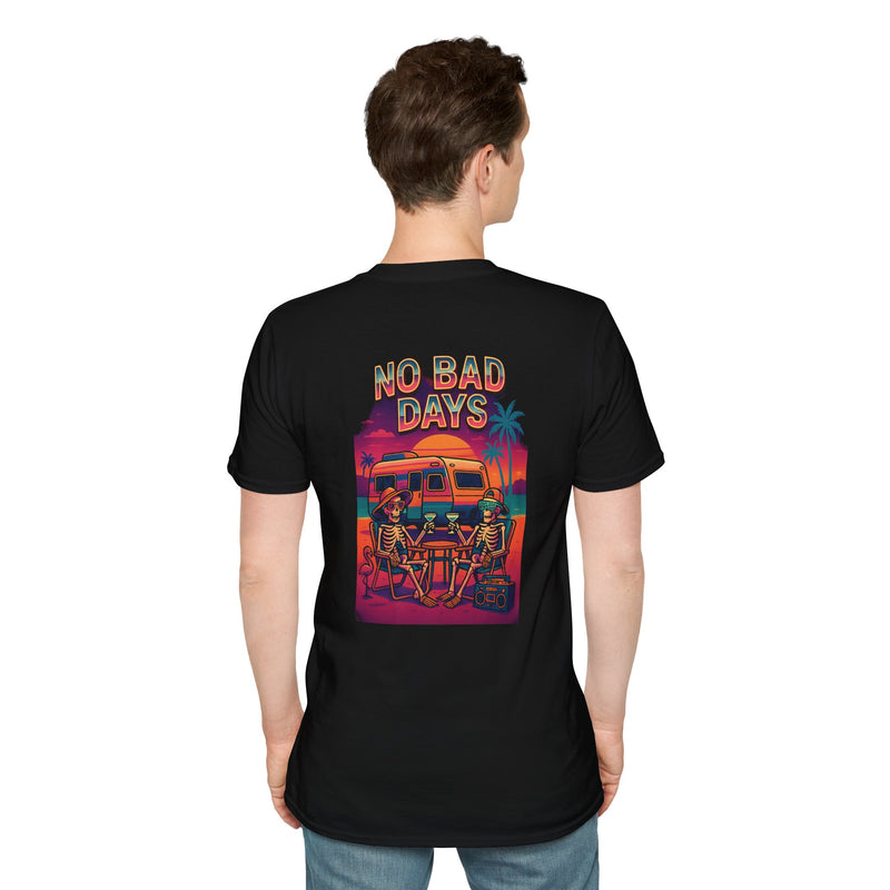 No Bad Days RV t-shirt with two skeletons in Adirondack chairs outside a travel trailer at golden hour under neon palms