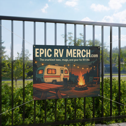 Epic RV Merch Campfire Scene Banner – 48x36 Horizontal