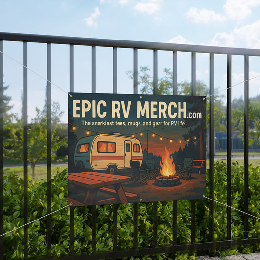 Epic RV Merch Campfire Scene Banner – 48x36 Horizontal