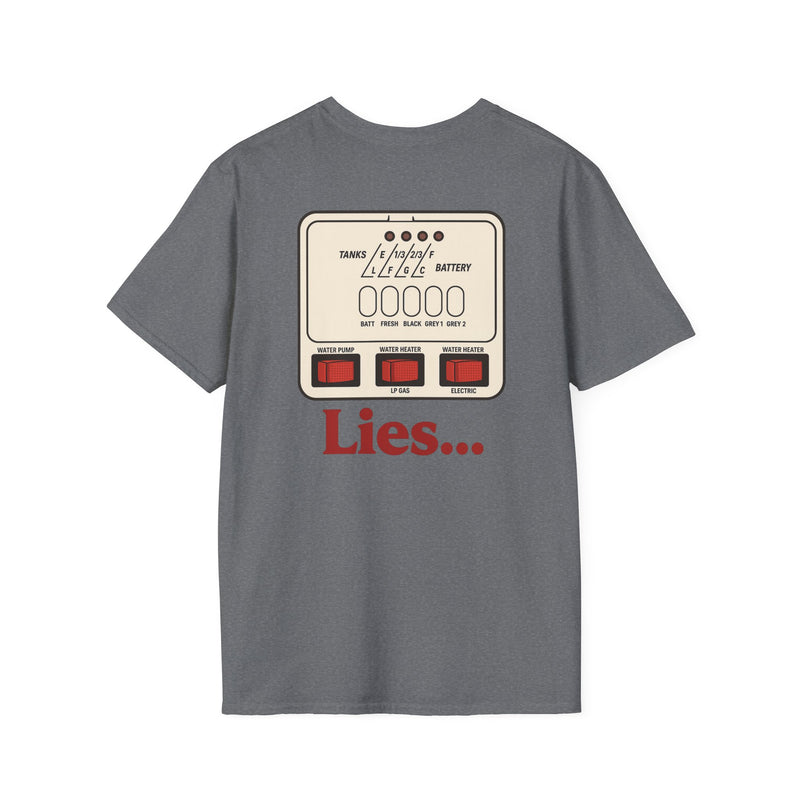Lies RV t-shirt with a vintage beige RV tank monitor panel and the word Lies in red underneath