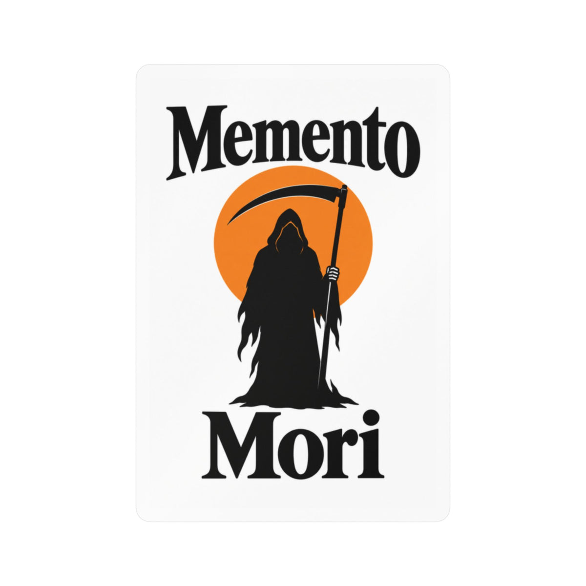 Memento Mori grim reaper vinyl sticker with black reaper and orange sun on white background