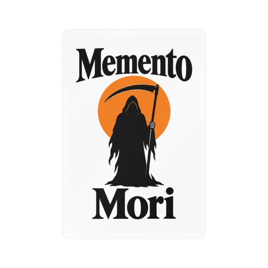 Memento Mori grim reaper vinyl sticker with black reaper and orange sun on white background