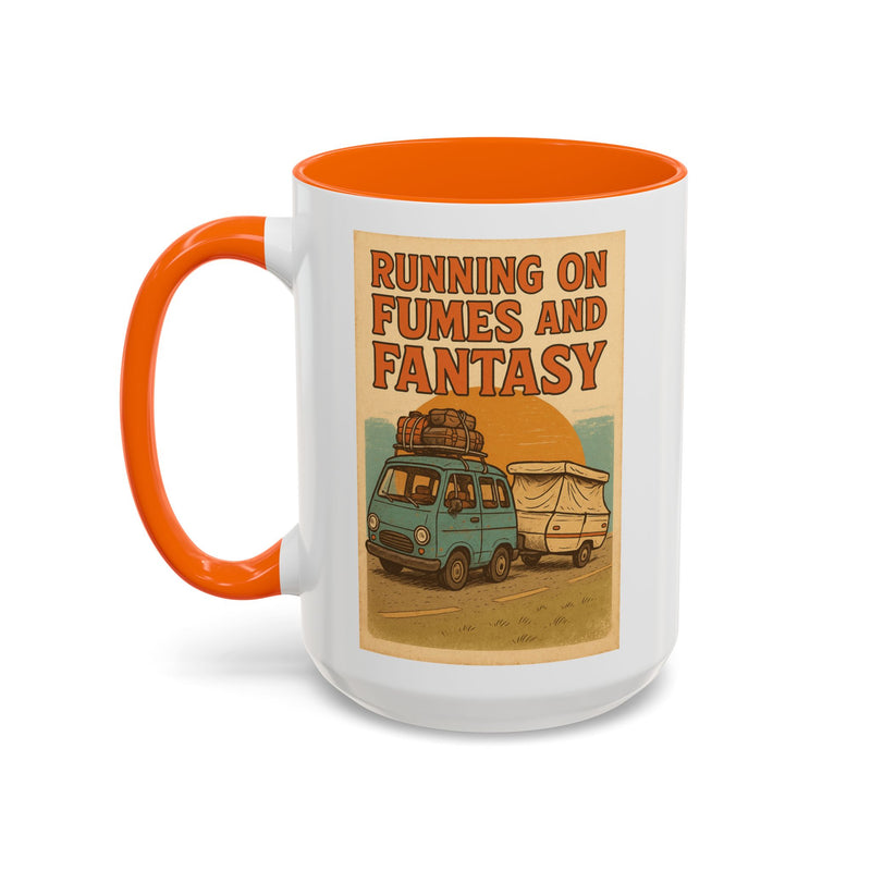 Running on Fumes and Fantasy ceramic RV mug with bold vintage artwork about driving on an empty tank