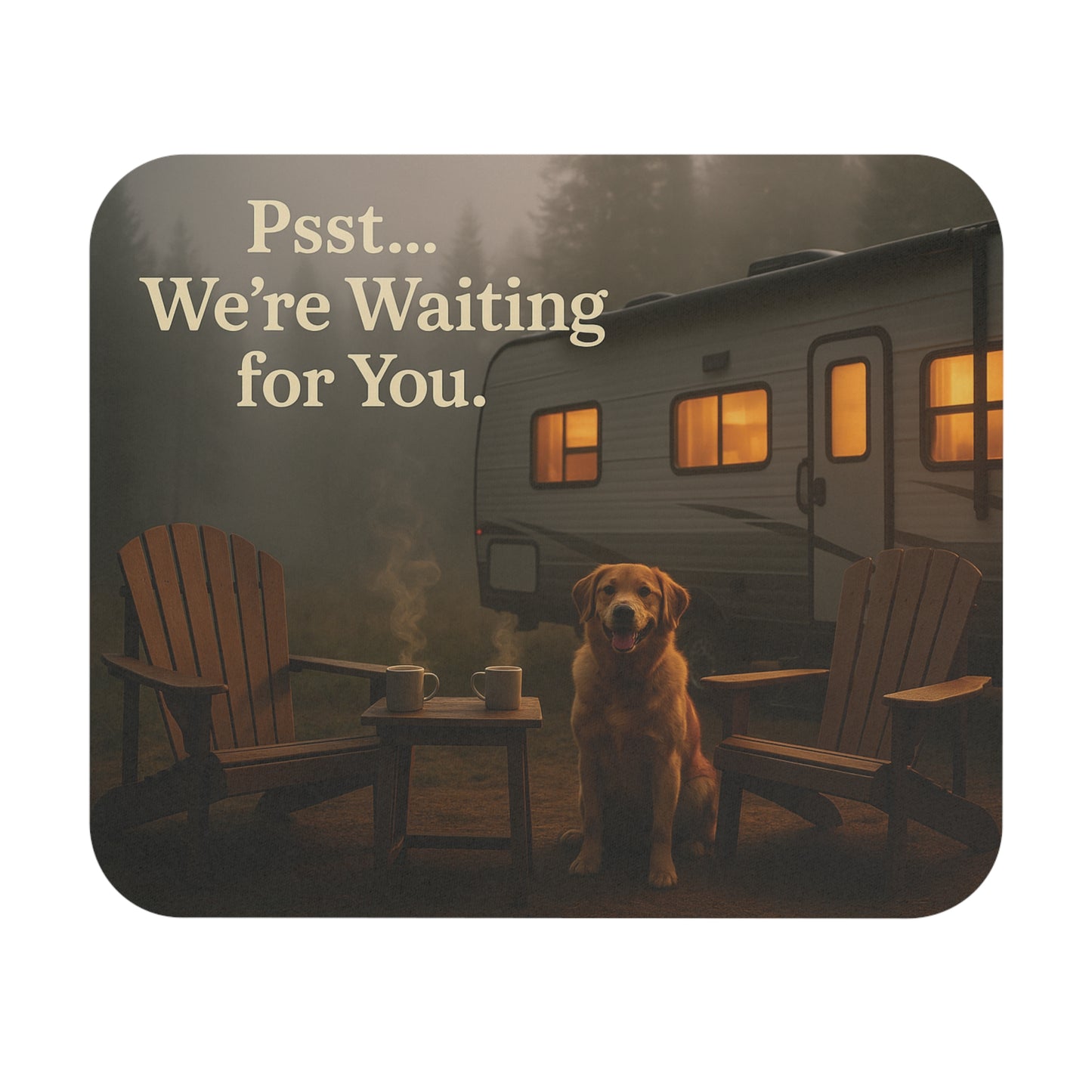 Psst… We’re Waiting for You RV Mouse Pad – Cozy Camper Scene with Dog