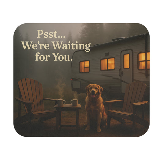 Psst… We’re Waiting for You RV Mouse Pad – Cozy Camper Scene with Dog