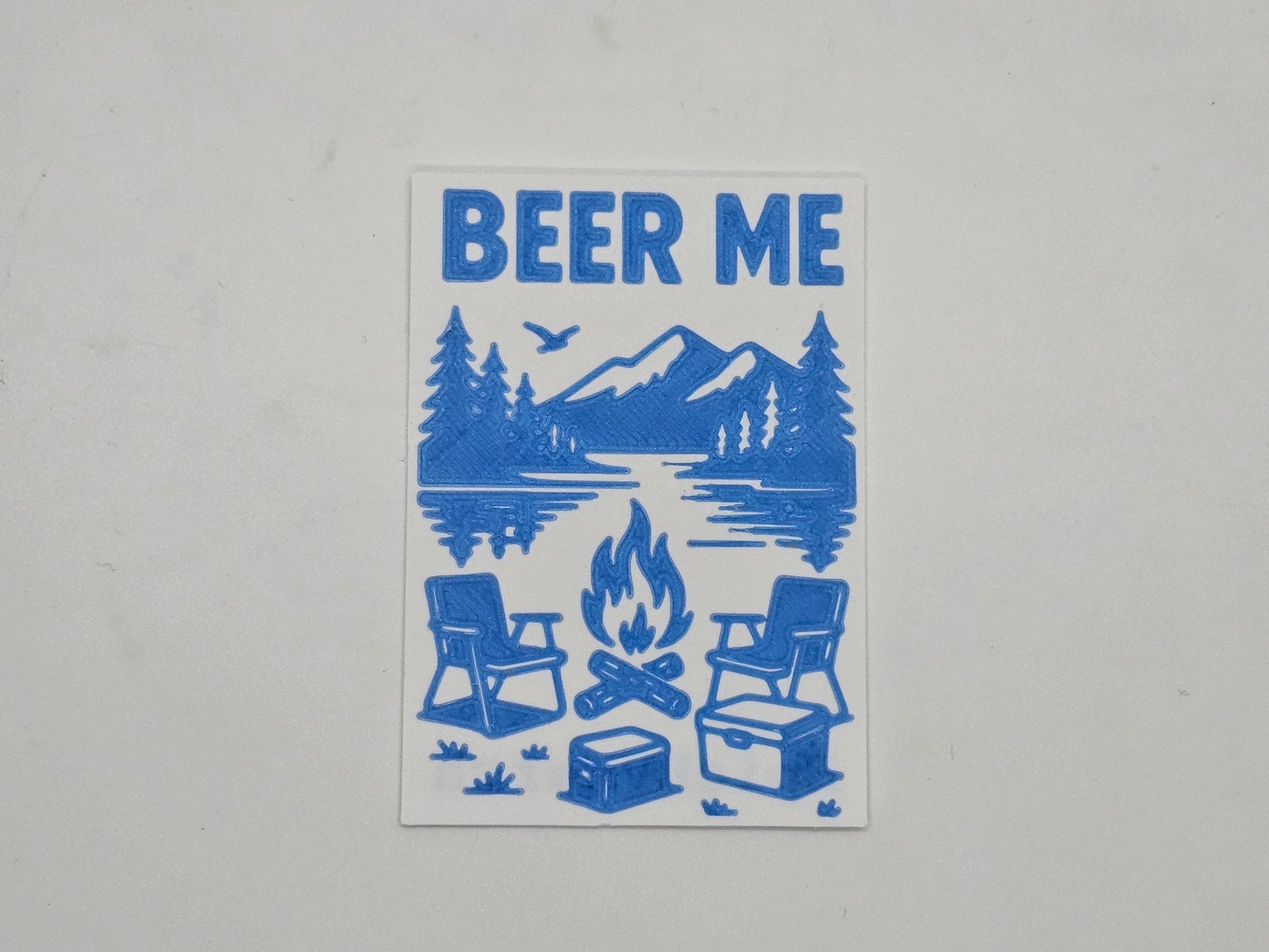 Blue and white Beer Me campfire camping magnet