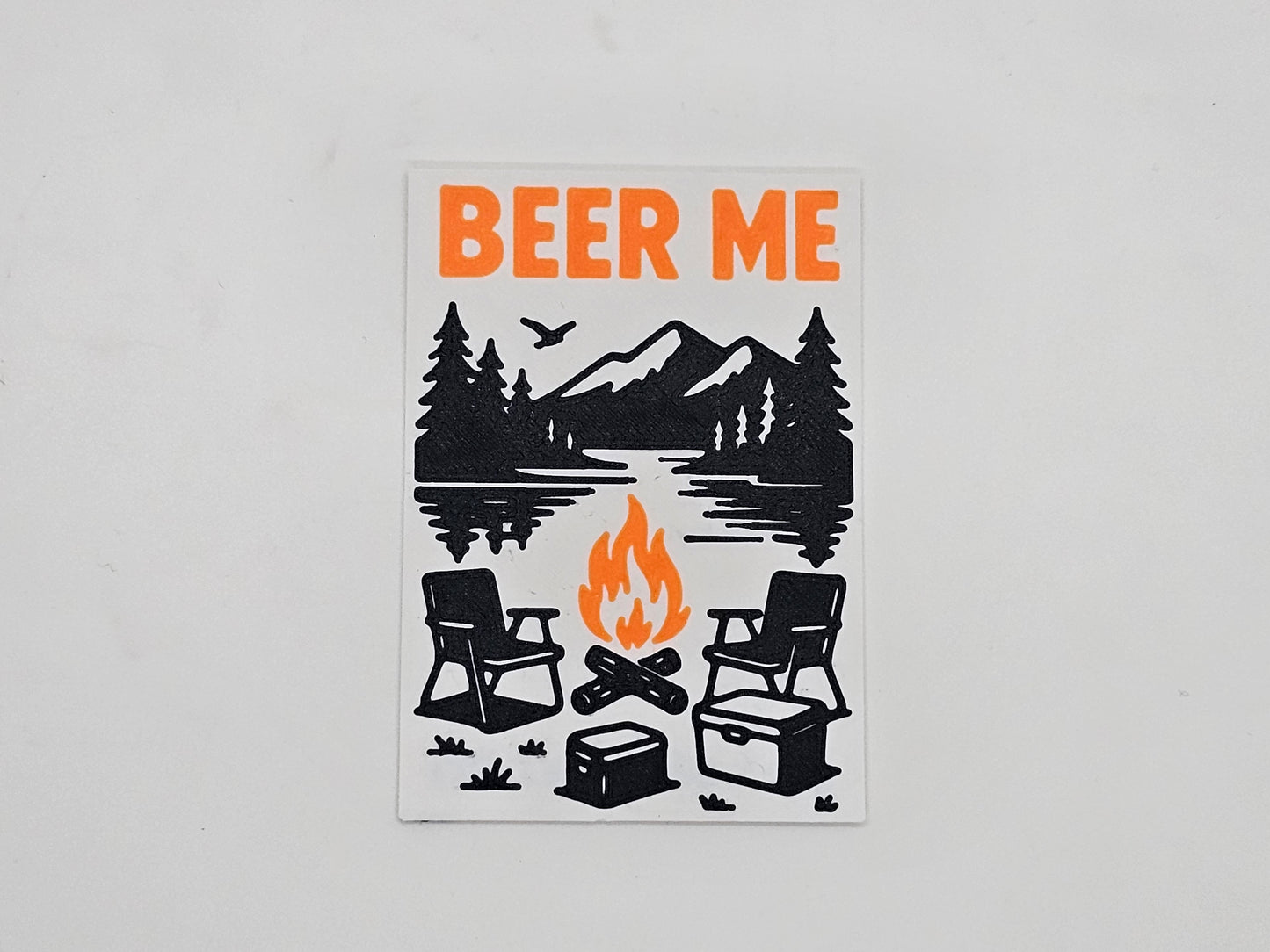 Orange and black Beer Me campfire camping magnet
