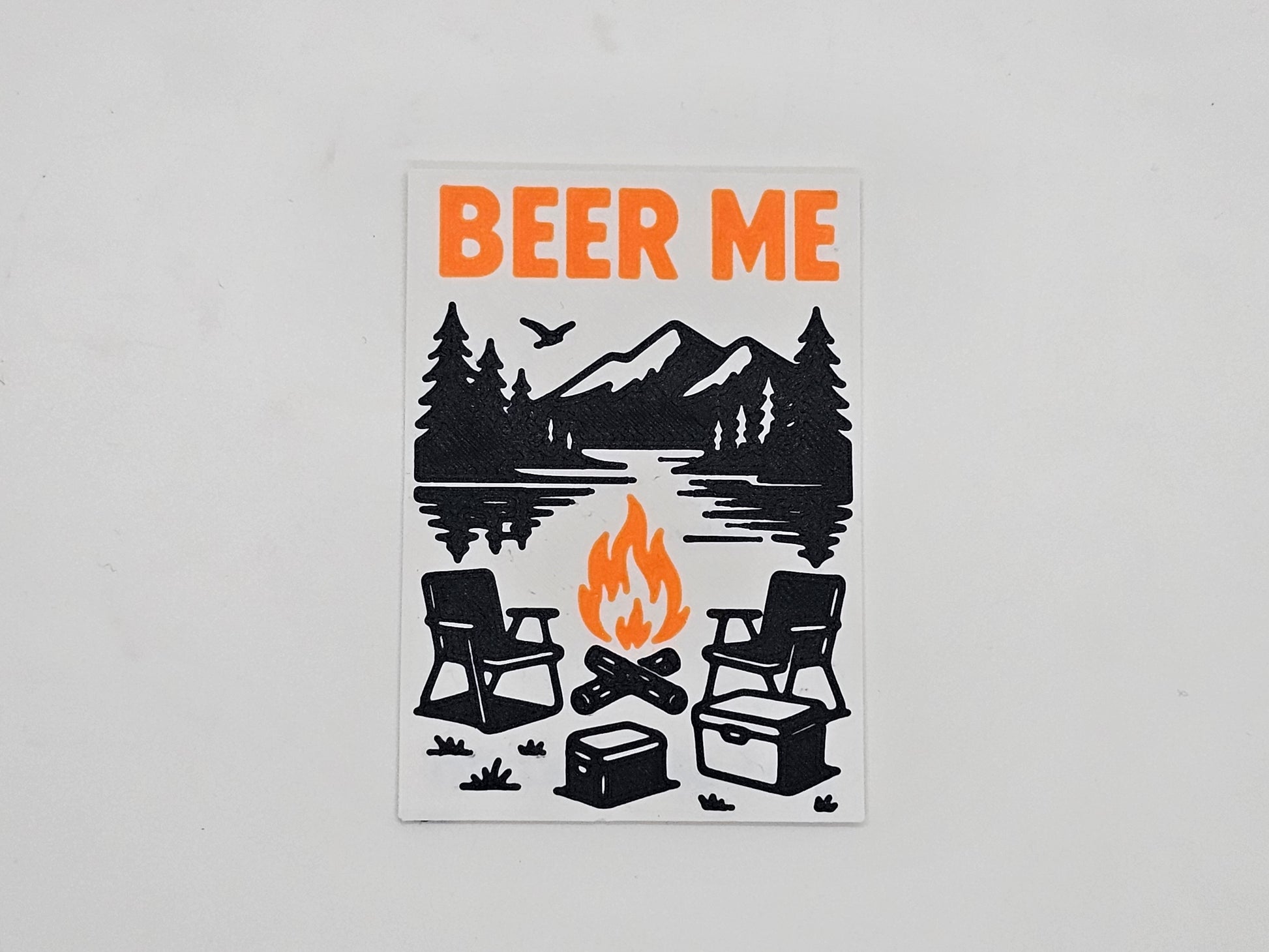 Orange and black Beer Me campfire camping magnet