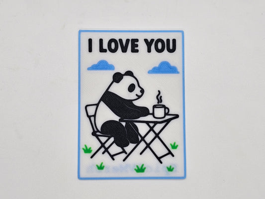 I Love You panda camping magnet with coffee at a camp table