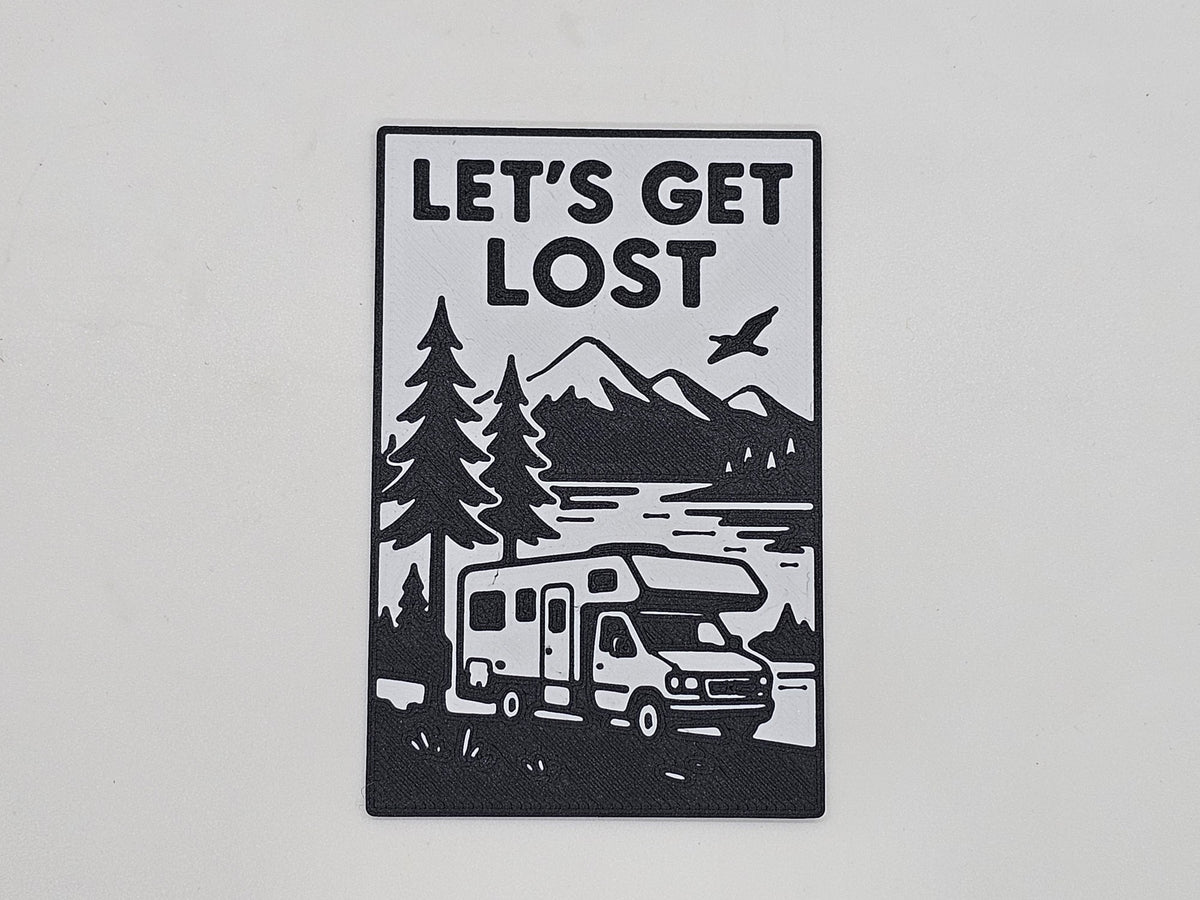 Black and white Let's Get Lost RV camping magnet