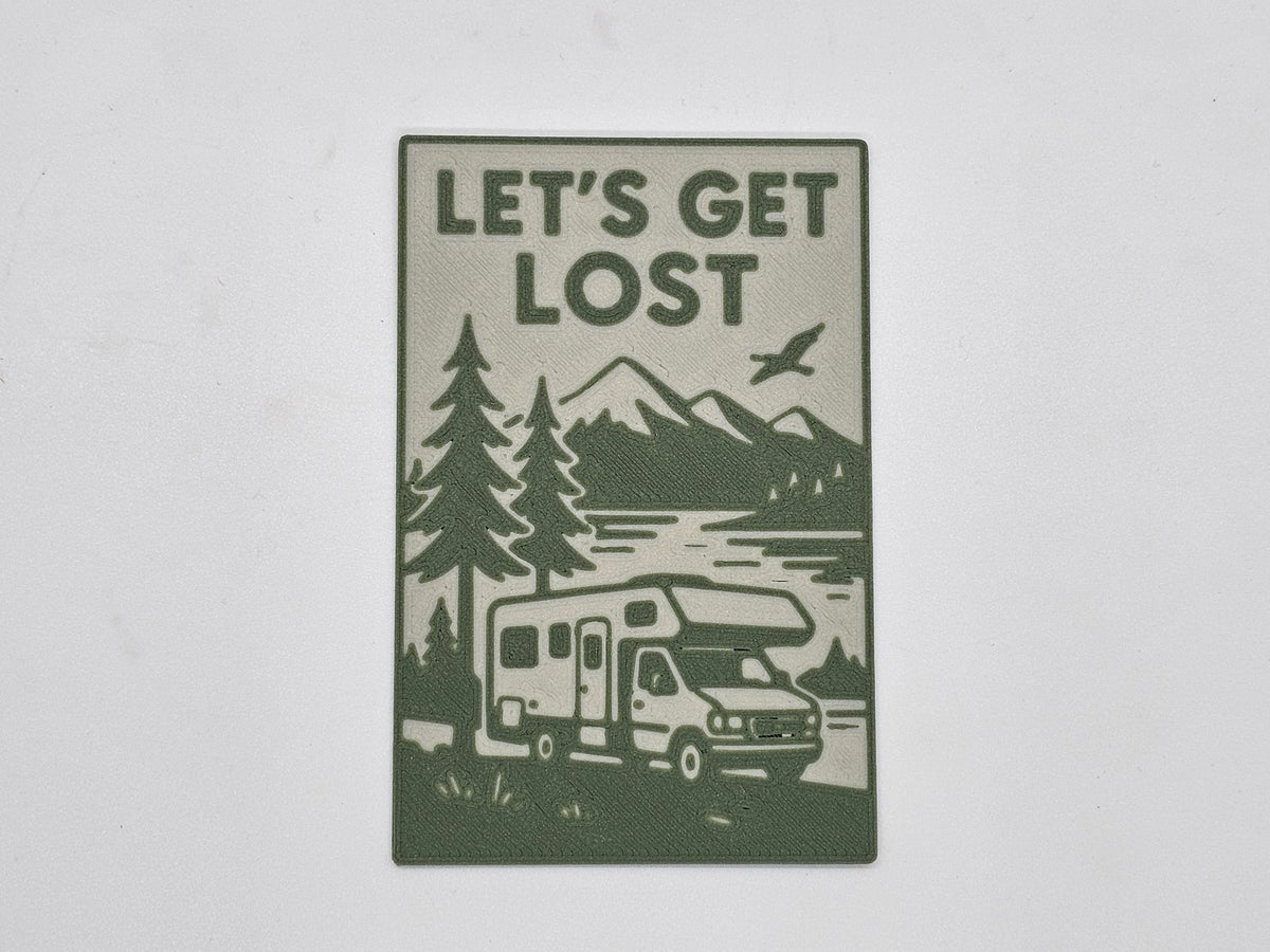Olive and cream Let's Get Lost RV camping magnet