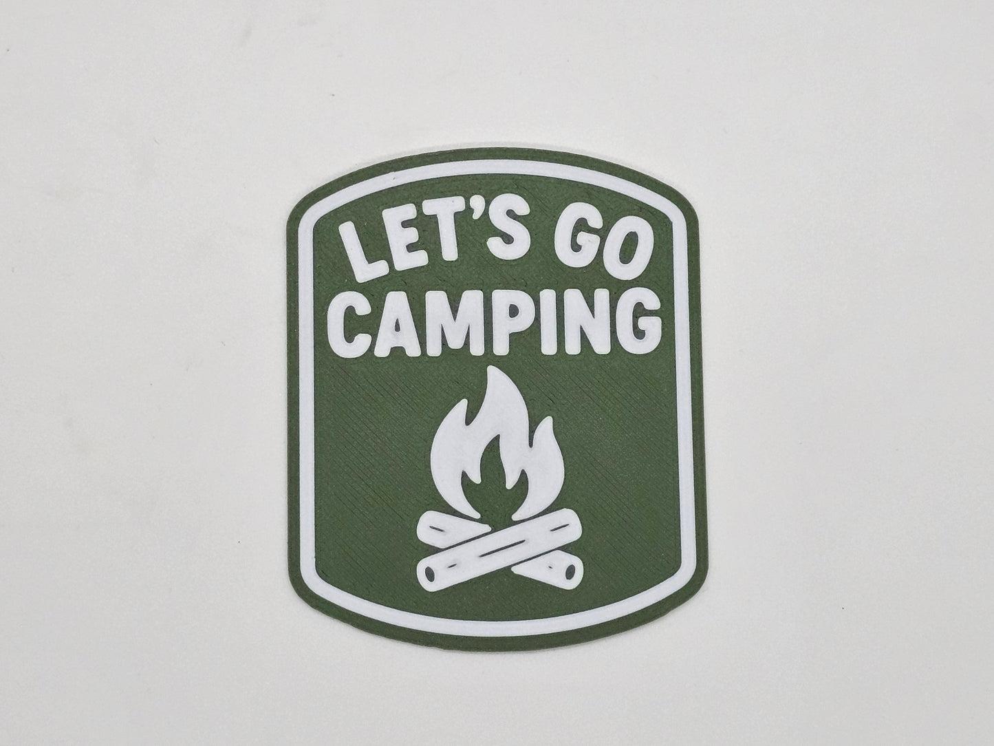 Olive and white Let's Go Camping campfire RV magnet