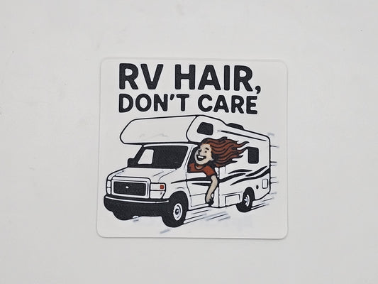 White, black, and brown RV Hair Don't Care Class C camper magnet