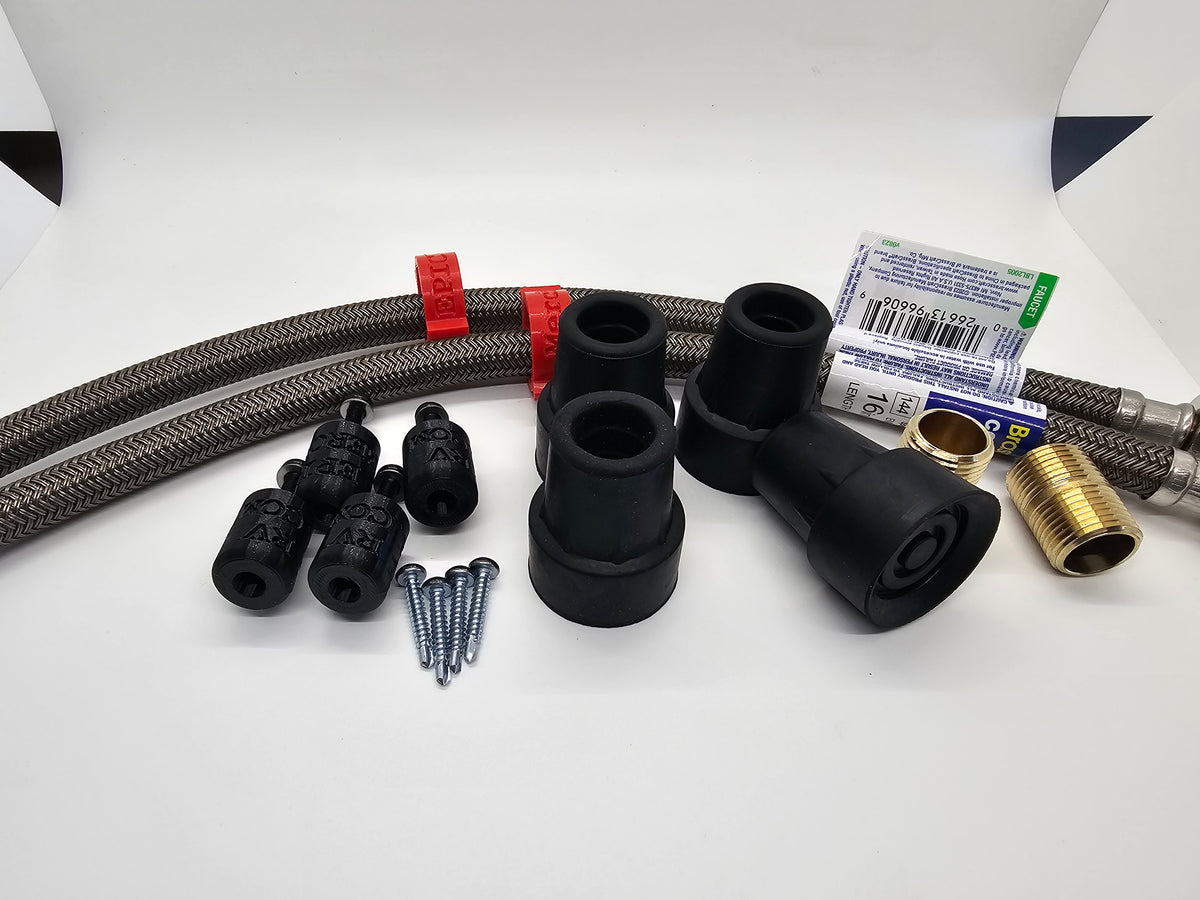 RV water pump silencer complete kit with four rubber feet, mounting adapters, screws, two braided flex hoses and brass fittings.