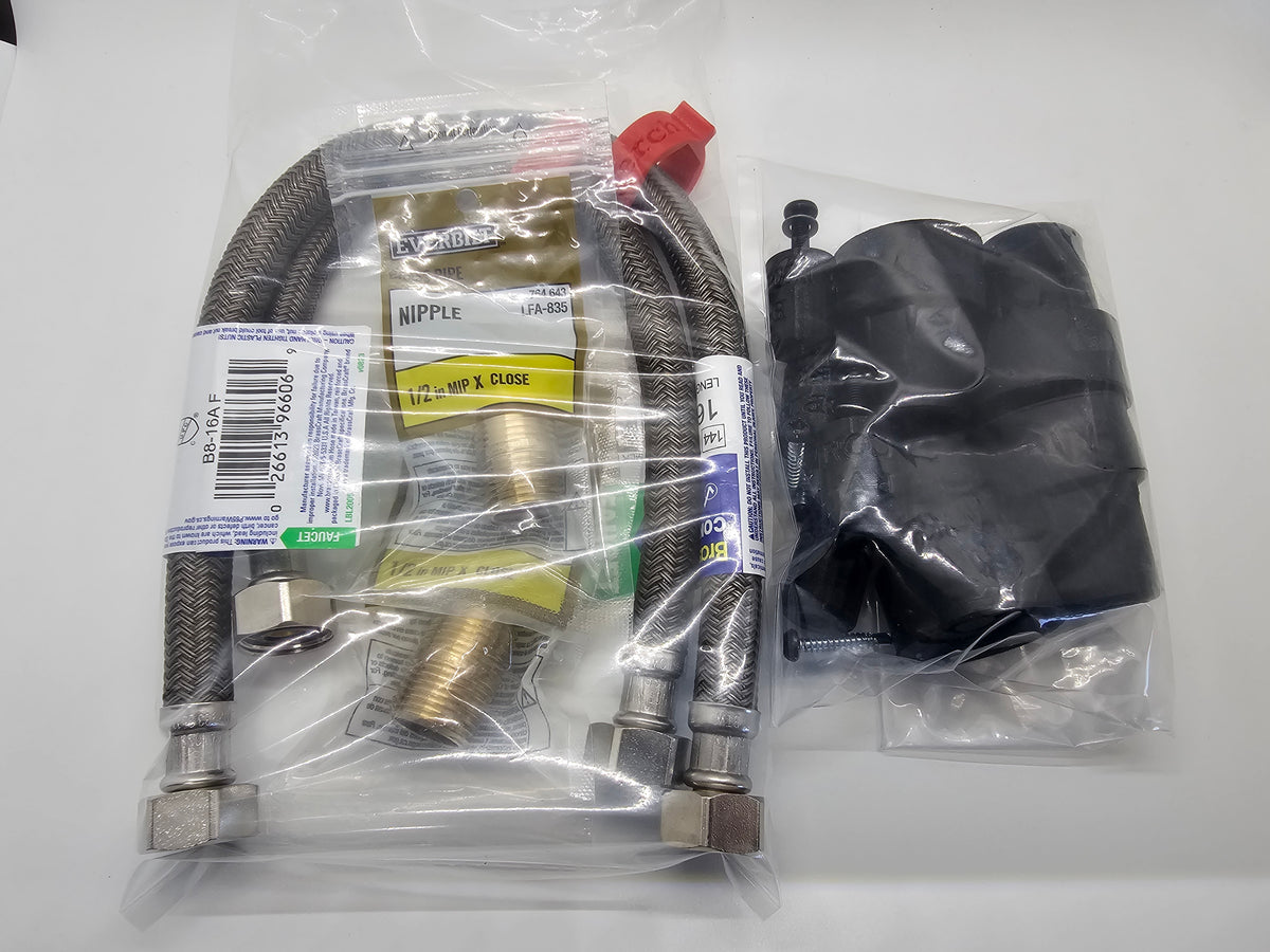 RV water pump silencer complete kit packaged in clear bags, with rubber feet, mounting hardware, braided hoses and brass fittings.